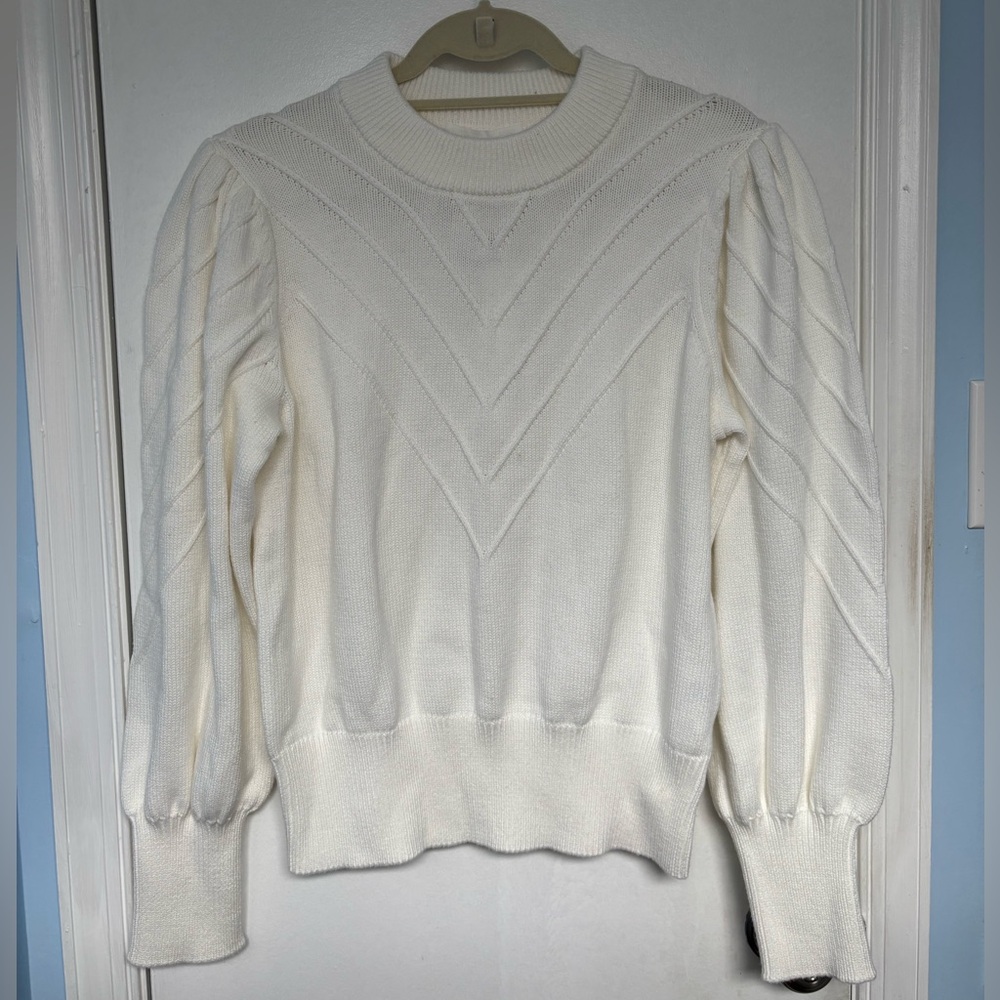 Adyson Parker Cream Chevron-Texture Puff-Sleeve Sweater